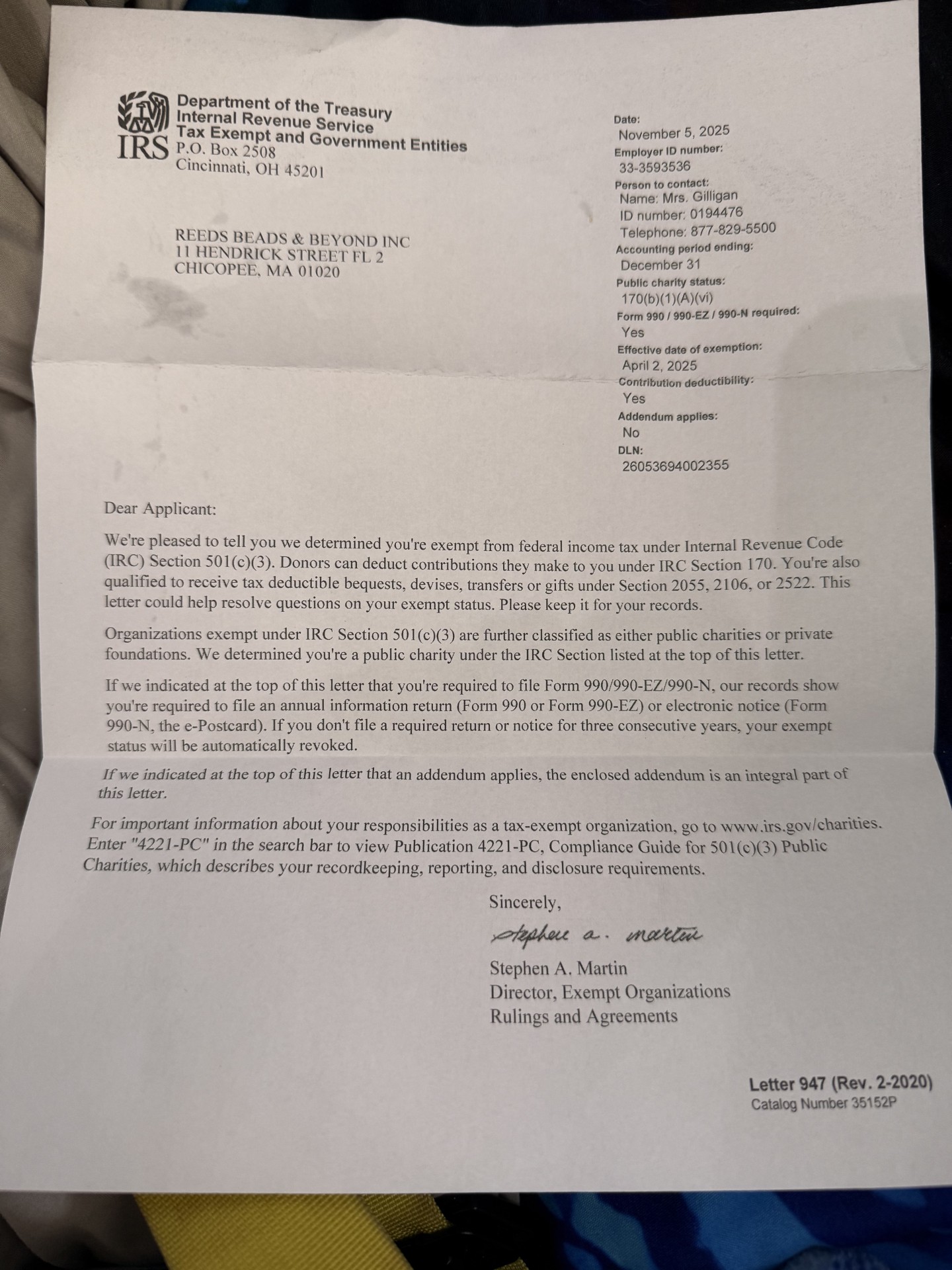 IRS determination letter confirming Reeds Beads & Beyond is exempt under Section 501(c)(3)